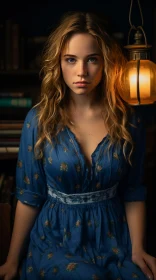 Captivating Portrait of a Blonde Girl in a Blue Dress under an Old Lantern