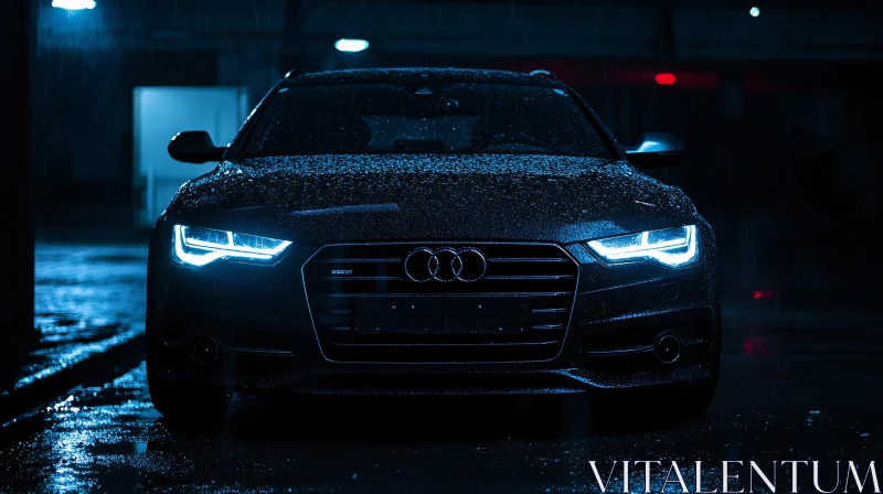 Car in Urban Night Rain with Lights AI Image