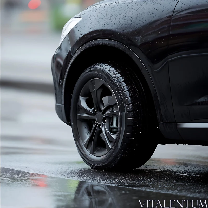 Black Car in Rain with Detailed Wheel View AI Image