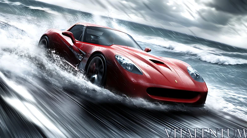 High-Speed Red Car Amidst Rain and Ocean AI Image