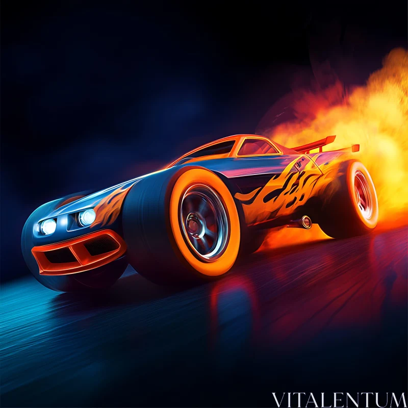 Flaming Racing Car at Night AI Image