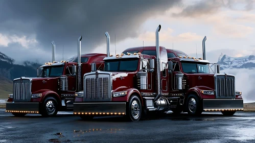 Majestic Red Semi-Trucks on a Rainy Day