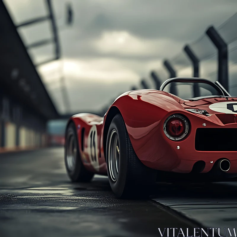 Vintage Red Racing Car on Wet Track AI Image