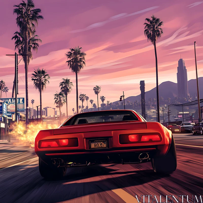 AI ART High-Speed Car amidst Sunset and Palm Trees