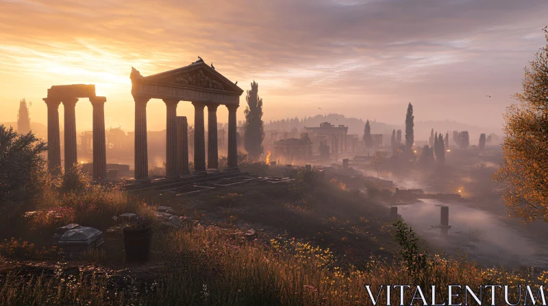 Sunset Over Ancient Temple Ruins AI Image