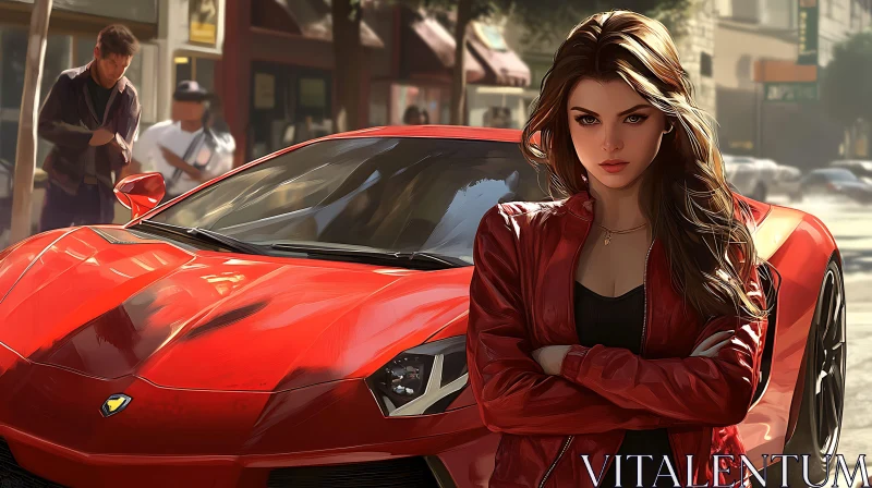 AI ART Woman in Red Jacket and Red Sports Car