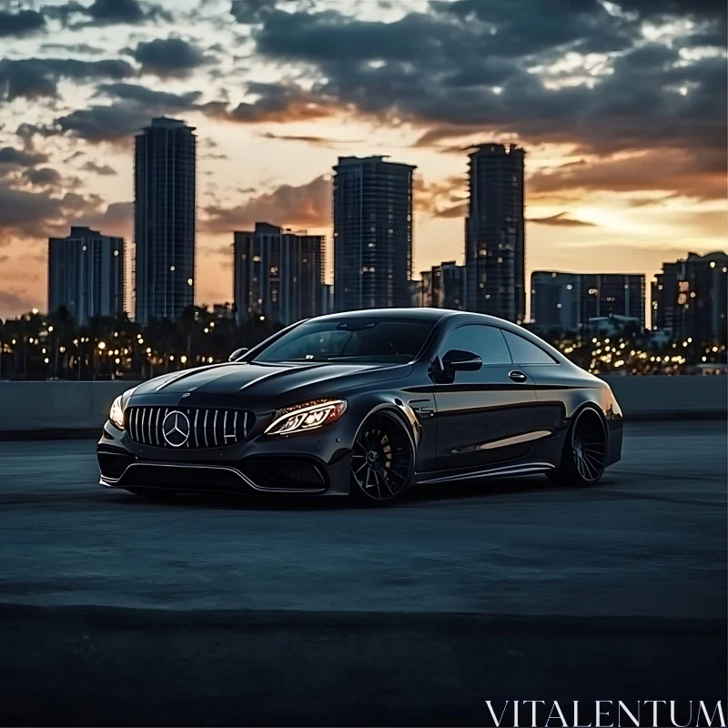 Sleek Black Car with City Background at Dusk AI Image