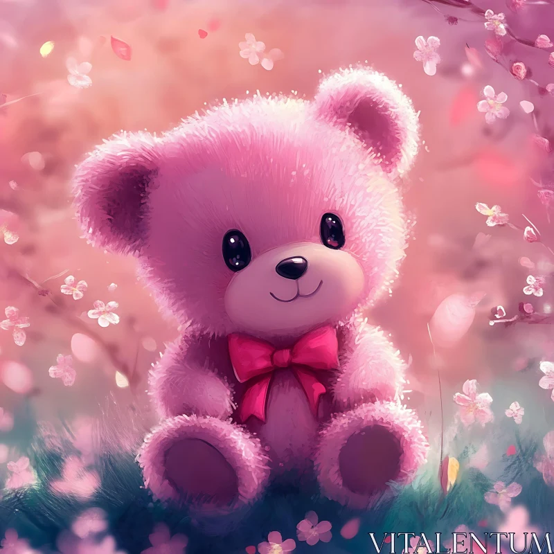 AI ART Cute Pink Teddy Bear in Flowering Field