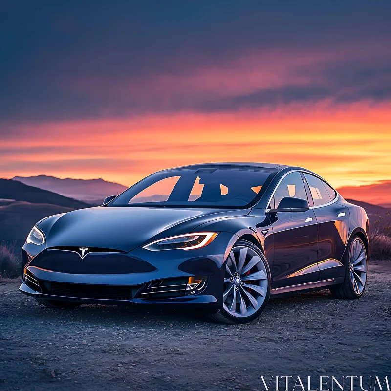 Modern Electric Car with Stunning Sunset AI Image