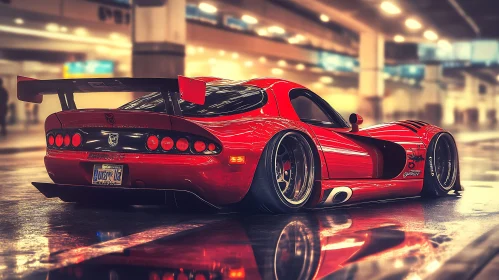 Sleek Red Automobile in Parking Lot