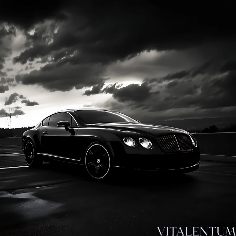 Sleek Black Car on Wet Road AI Image