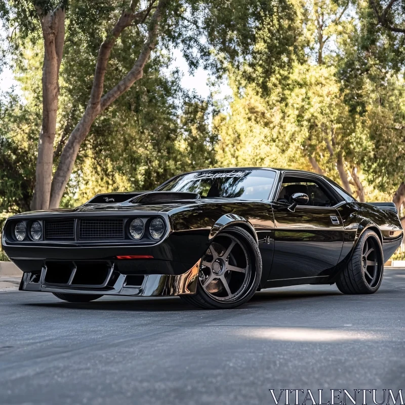 Vintage Black Muscle Car in Natural Surroundings AI Image