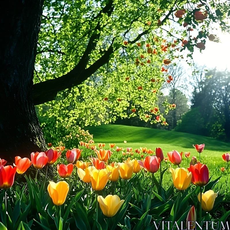 Tulips in a Sunlit Garden under a Tree AI Image