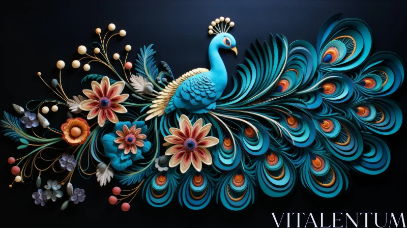 Blue Paper Floral Peacock: A Tribute to Traditional Woodcarvings AI Image