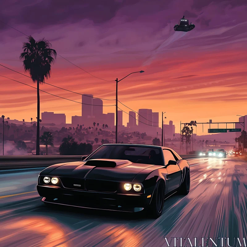 Futuristic Sunset Drive with Muscle Car AI Image