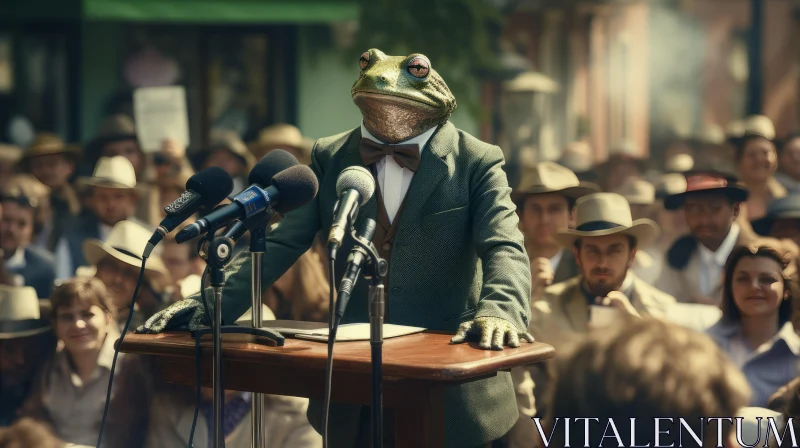 Frog in Suit Delivers Speech: A Vintage Americana Tableau AI Image