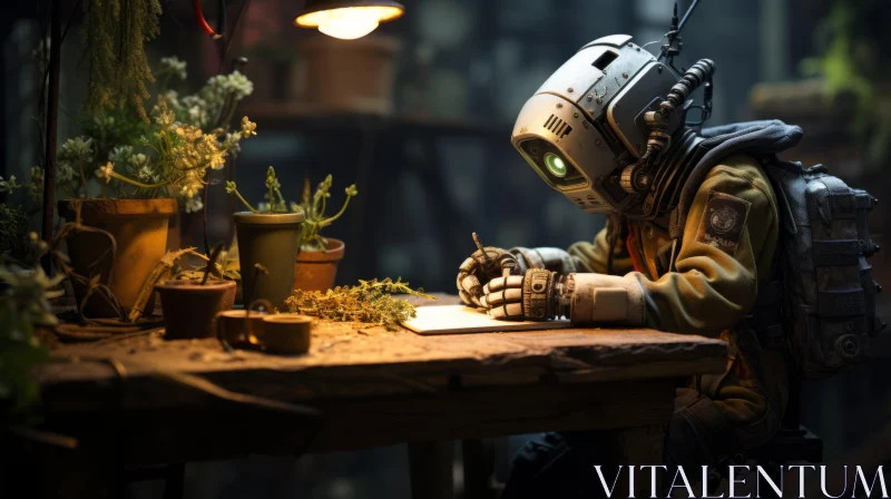 Post-Apocalyptic Robotic Figure Writing at a Desk AI Image