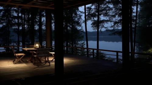 Tranquil Waters: Serene Wooden Deck at Night | Nature Photography