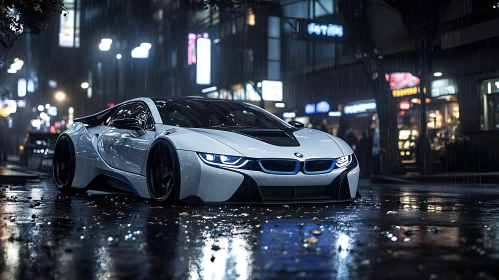 Sleek White Car in Urban Night Rain