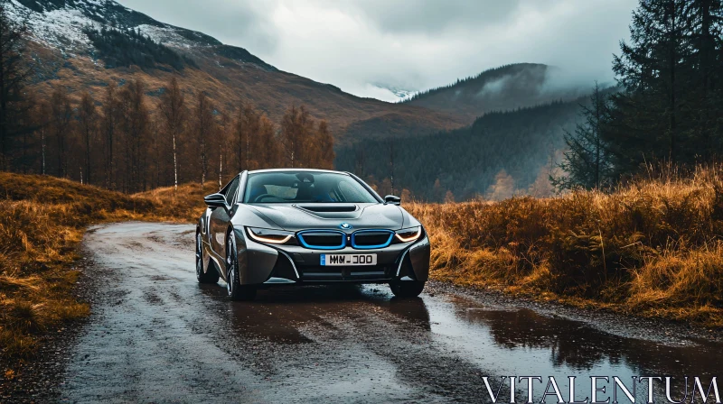 Luxury BMW on Wet Mountain Road AI Image