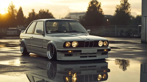 Vintage BMW Automobile Reflecting at Dusk