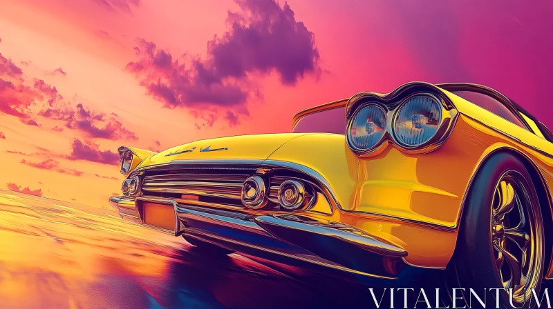 Vintage Yellow Car in Sunset Glow AI Image