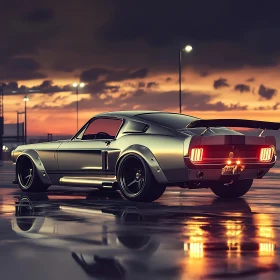 Silver Muscle Car Reflection at Sunset