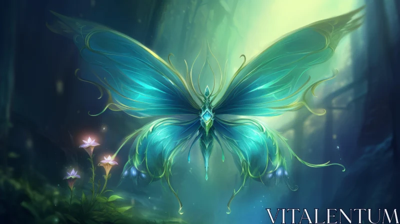 Blue Butterfly in Fairy Tale Forest - Artistic Wallpaper AI Image