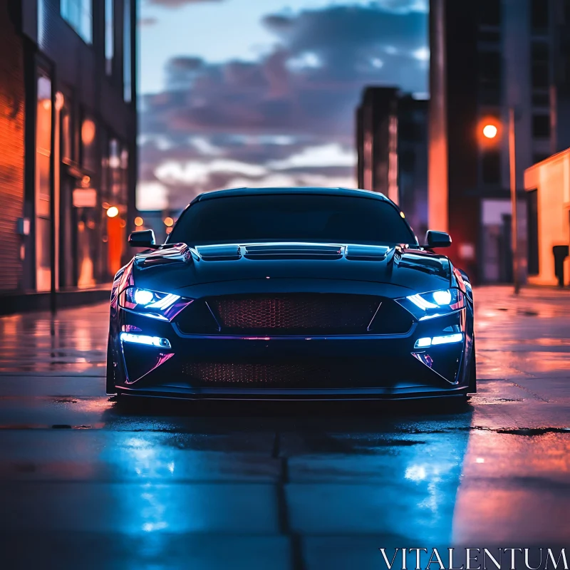 Black Car at Dusk on City Street AI Image