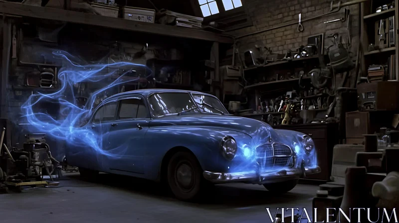 AI ART Enchanted Blue Car in Vintage Workshop