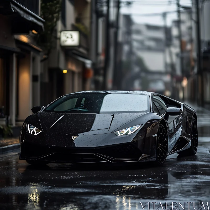 Luxury Black Car in Urban Rain AI Image