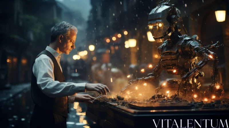 Man and Steampunk Robot - A Cinematic Street Scene AI Image
