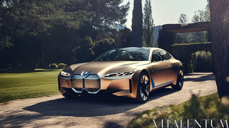 Modern Golden-Hued Car Amidst Scenic Landscape AI Image