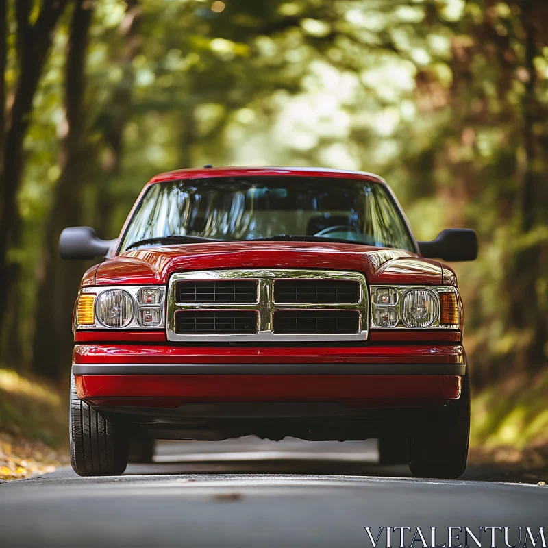 Serene Forest Drive with Red Pickup AI Image