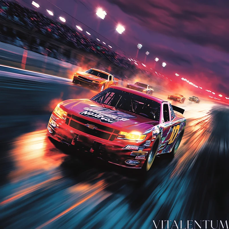 High-Speed Nighttime Car Race AI Image