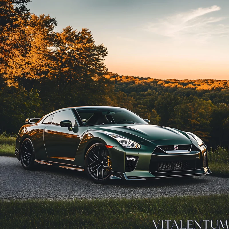 Luxury Dark Green Sports Car Amidst Sunset-Glowed Forest AI Image