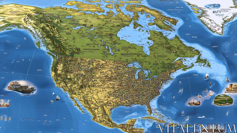 Intricate Map of North America with Cities and Historic Icons AI Image