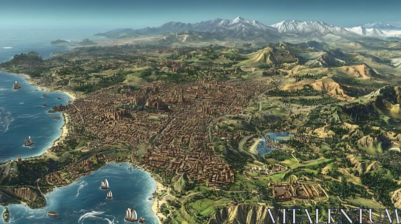 Aerial Cityscape with Riviera and Mountains AI Image