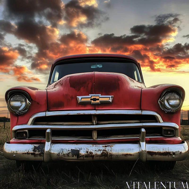 Classic Red Car with Rust at Sunset AI Image