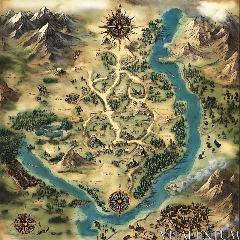 Lushly Illustrated Medieval Fantasy Map AI Image