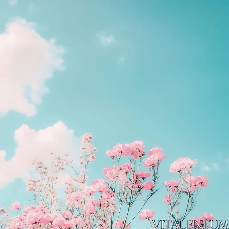 Serene Pink Blossoms and Blue Sky AI Image