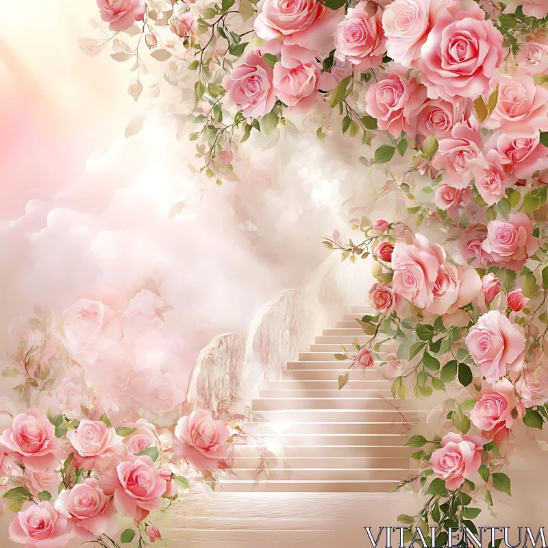 Heavenly Staircase with Lush Pink Roses AI Image