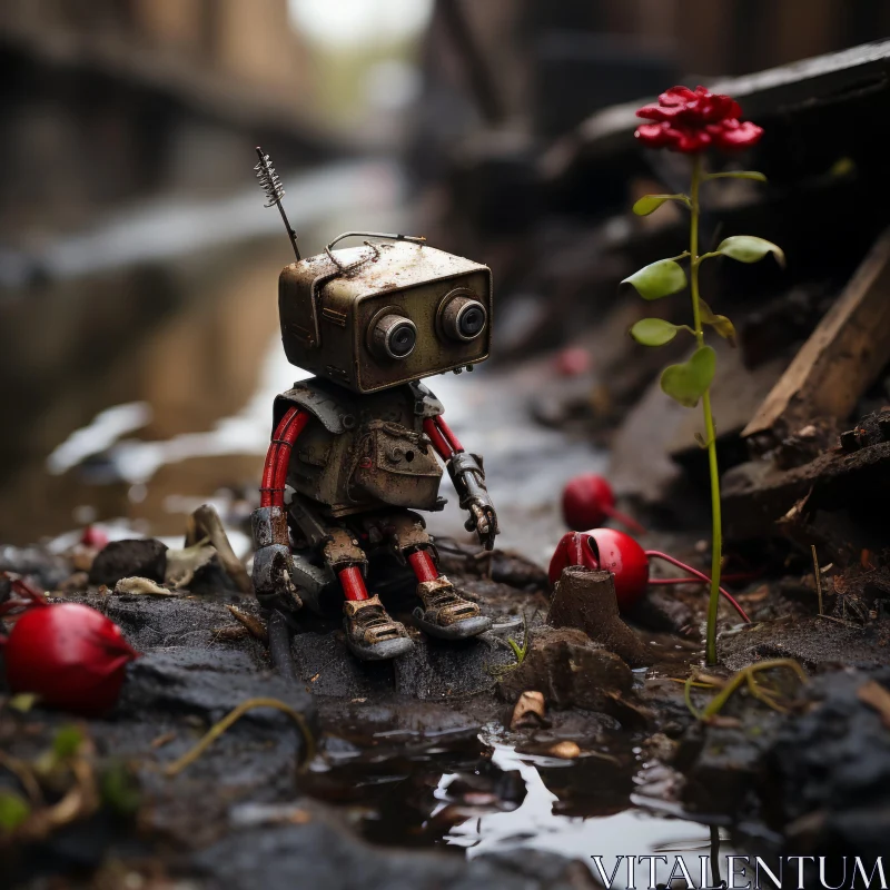 Rustic Urban Landscape: Robot Amidst Roses AI Image