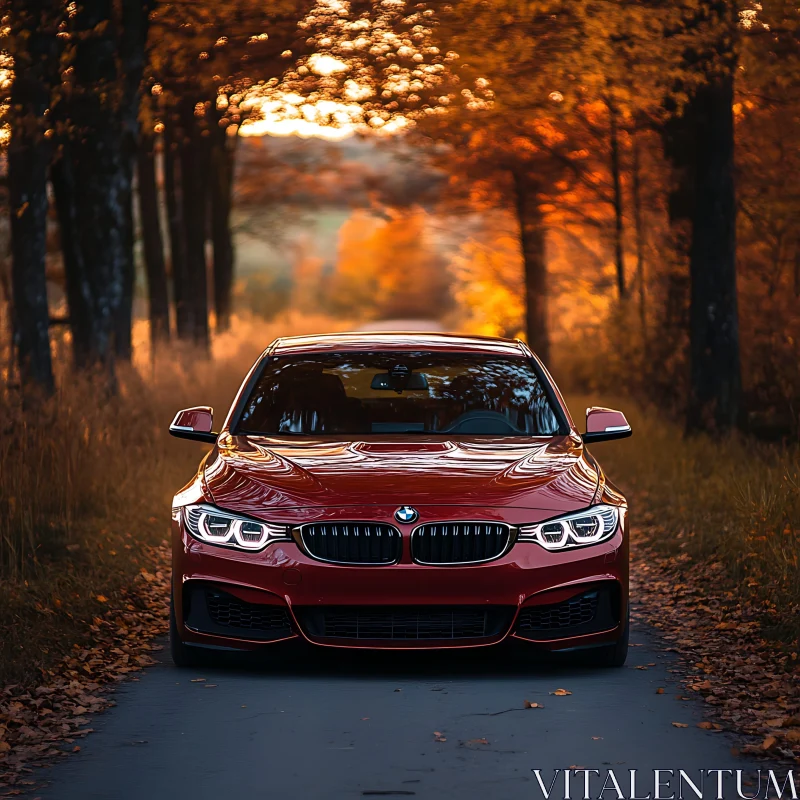 Autumn Landscape with Red Car and Fall Leaves AI Image