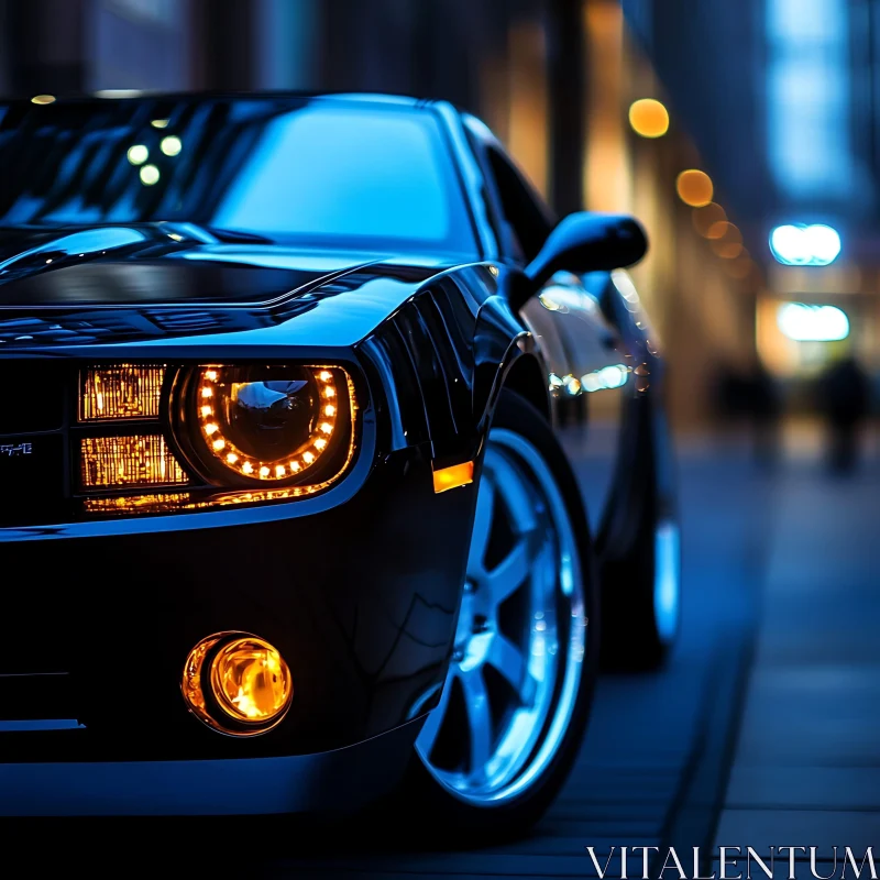 Black Car at Night in the City AI Image