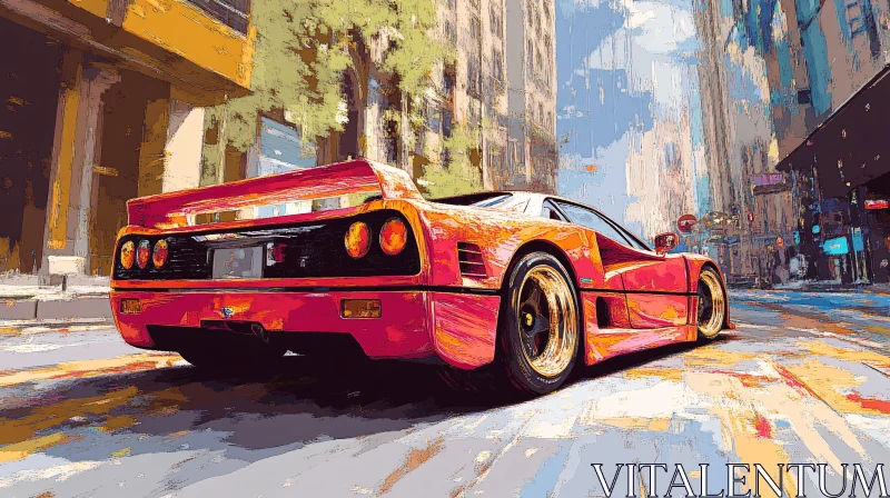 Urban Cityscape with Red Sports Car AI Image