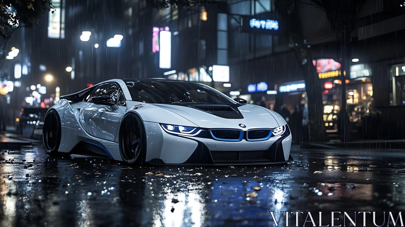 Sleek White Car in Urban Night Rain AI Image