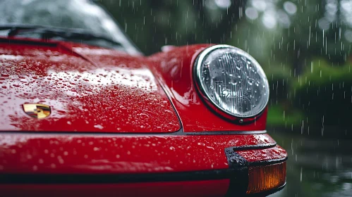 Wet Classic Red Sports Car Detail View