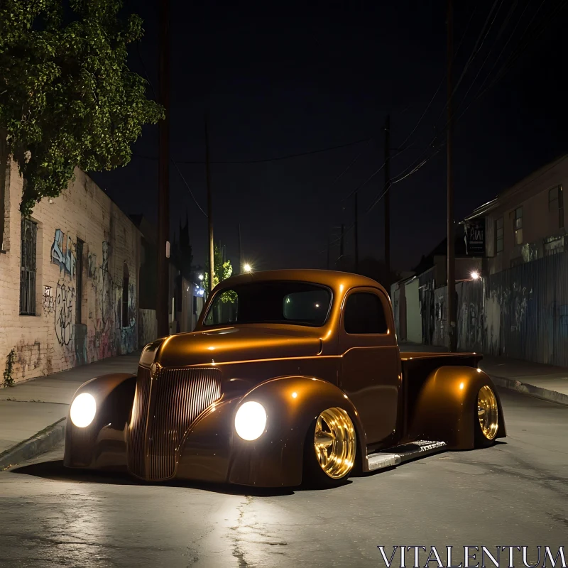 Classic Vintage Truck on Urban Night Street AI Image