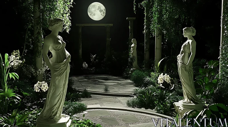 Serene Moonlit Garden with Statues AI Image